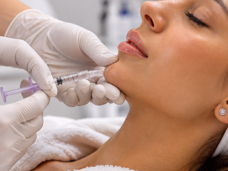 A practitioner performing a chin filler treatment